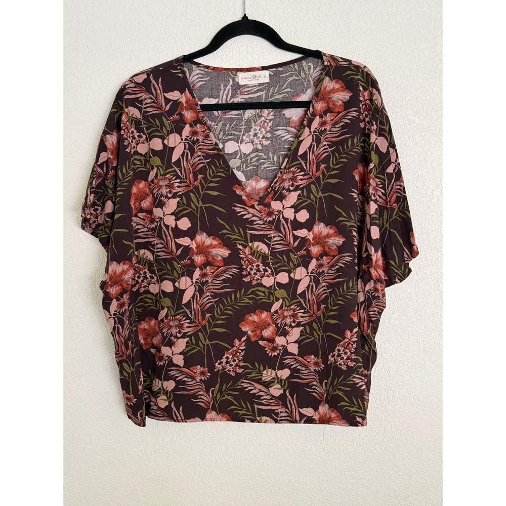 Natural Life Womens Floral V-Neck Dolman Sleeve Blouse Burgundy Large
